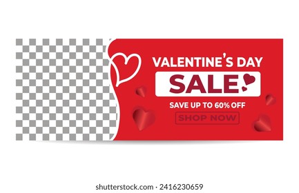 Valentine's Day Celebration sale banner template. Red background with love balloons vector decoration. Flat design vector with photo collage. Can be used for Valentine's Day banner.
