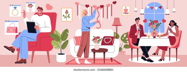 Valentine's Day celebration scene. Couples prepare for romantic activities with decorations and gifts. Embraces love and connection through shared moments. Ideal for showcasing the joy of romance and