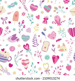 
Valentine's Day celebration seamless pattern. Cute elements about love and romance on white background. For wrapping paper, cards, backgrounds, postcards, congratulations and poster.