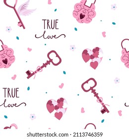 Valentine's Day celebration, seamless pattern with lock and keys in the shape of a heart, with wings in doodle style.