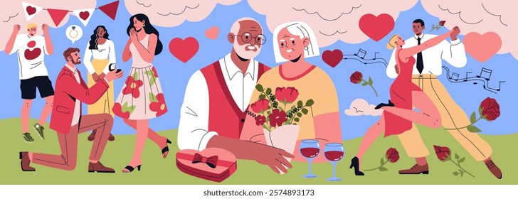 Valentine's Day celebration set. A lively depiction of love in various forms, showcasing couples sharing joyful moments, romantic gestures, and expressions of affection. This illustration captures the