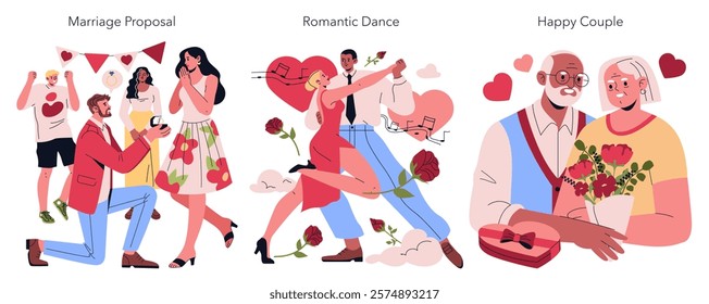 Valentine's Day celebration set. Love is portrayed through meaningful moments like marriage proposals, romantic dances, and the warmth of happy couples. These scenes capture the essence of affection