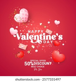 valentine's Day celebration social media background design with red and pink hearts. Love Day vector design. Valentine's Day decorative banner design template with heart, light, ribbon, and gift box. 