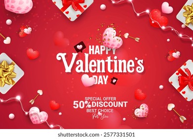 valentine's Day celebration social media background design with red and pink hearts. Love Day vector design. Valentine's Day decorative banner design template with heart, light, ribbon, and gift box. 