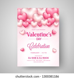 Valentine's Day Celebration template design decorated with glossy heart shapes on pink stripe background.