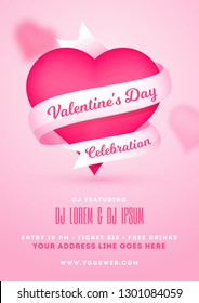 Valentine's Day celebration template or flyer design with pink heart shape and date, time venue details.