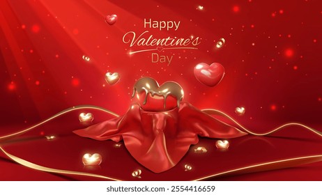 Valentine's Day celebration template with red hearts placed on red cloth with gold ribbon decoration and beautiful glitter and shine, vector illustration.