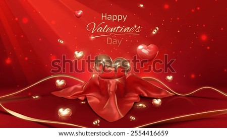 Valentine's Day celebration template with red hearts placed on red cloth with gold ribbon decoration and beautiful glitter and shine, vector illustration.