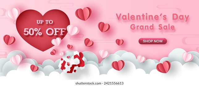 Valentine's day celebration web poster advertising design with open gift box and flying hearts on white clouds in paper cut style with Valentine's sale wording on pink background.