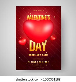 Valentine's Day celebrations template design with glossy hearts on brown stripe background.