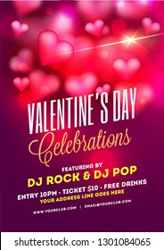 Valentine's Day celebrations template or flyer design with decorative heart shapes on purple background.