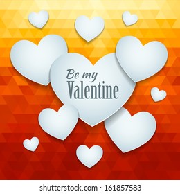 valentines day or ceremonial postcard of cardboard affection hearts on abstraction red glass triangles background template with script greetings happy affection white holiday texture abstract vacation