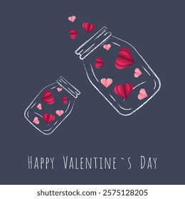 Valentines day chalk drawn illustration with paper cut elements on grey background. Jars with hearts. Design for post cards, greeting cards, posters, advertising, social media. Vector illustration. 