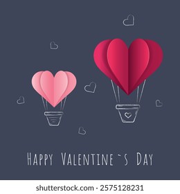 Valentines day chalk drawn illustration with paper cut elements on grey background. Air baloons. Design for post cards, greeting cards, posters, advertising, social media. Vector illustration. 