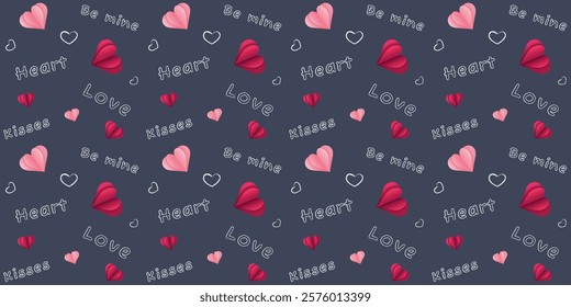 Valentines day chalk drawn pattern with paper cut elements on grey background. Paper  and chalk hearts. Design for post cards, wrapping papper, backdrops, greeting cards, textile. Vector illustration.