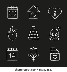 Valentine's Day chalk icons set. February 14 calendar, house, heart with keyhole, passion, wedding cake, enamoured girl, tulip, chocolate bar. Isolated vector chalkboard illustrations