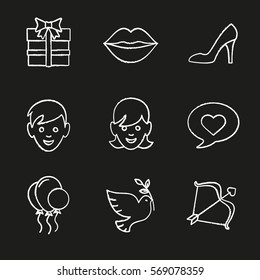 Valentine's Day chalk icons set. Gift box, woman's shoe, kiss, boy and girl, love message, air balloons, dove, Cupid's bow and arrow. Isolated vector chalkboard illustrations