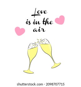 Valentines Day champagne doodle Decoration for a postcard or gift wrapping Romantic Valentines Day dinner with glasses of champagne Elements for creating a love atmosphere Vector illustration Vector