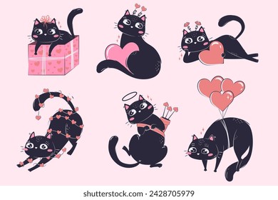 Valentine's day character clipart set with kawaii black cat in different poses.