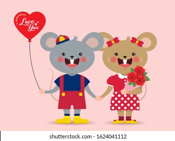 Valentine's day character flat design. Cartoon mouse couple holding hand with red heart balloon and bouquet isolated on pink background. 14 february vector illustration.