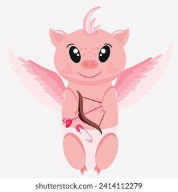 valentine's day character namely a pink piglet in the image of cupid with pink wings, pink bangs and a bow with arrows, vector