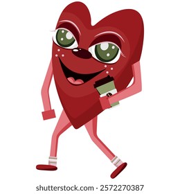 valentine's day character namely a red heart with green eyes holding a cup of coffee at hand, for holiday decor, posters or banners