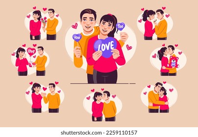 Valentine's day character set collection bundle isolated. Couples in love celebrate Valentine's day or anniversary. Cuddling man and woman characters, smiling and celebrating. Flat-style vector avatar