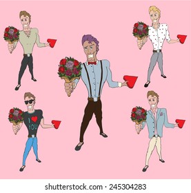 Valentine's day character set. Five cartoon characters on white pink background, offering flowers, ready to celebrate Valentine's Day, well grouped and editable vectors. 