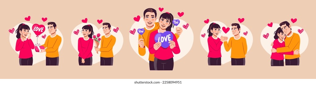 Valentine's day character set. Friend to couple progress. Couples in love celebrating Valentines day or anniversary. Cuddling man and woman characters, celebrating and smiling. Flat style vector scene