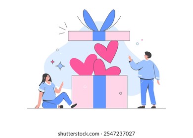 Valentines Day. Characters greeting each other and presenting romantic valentines hearts and gifts. Couple in love. Valentine's day surprise gift box with happy valentine's day greeting. Flat Cartoon 