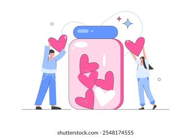 Valentines Day. Characters greeting each other and presenting romantic valentines hearts and gifts. Couple in love. Valentine's day surprise gift jar with happy valentine's day greeting. Flat Cartoon 