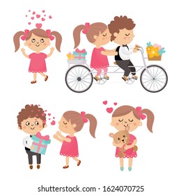 Valentine's Day characters set. Cute illustration with sweet couples. Boy gives a gift, couple ride a bike, girl with teddy bear. Illustration for Valentines Day.