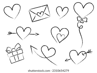 Valentines day charcoal doodles, vector heart illustration set