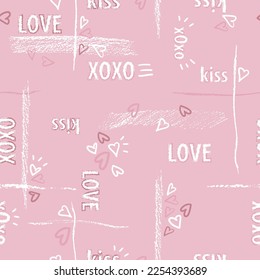 Valentines Day charcoal lettering seamless pattern. Pink and white colors with hearts and grungy elements