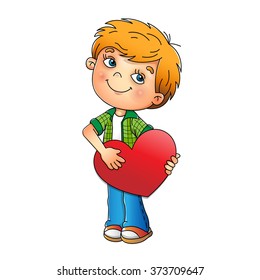 Valentine's day. Charming boy with heart isolated on white background. Cartoon. For kids.