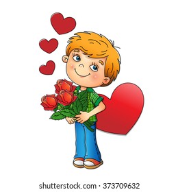 Valentine's day. Charming boy holding a bouquet of roses with hearts isolated on white background. Cartoon. For kids.  