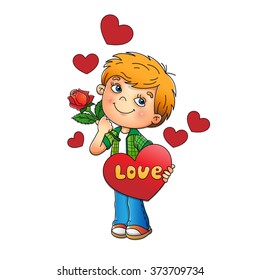 Valentine's day. Charming boy with rose in hand with hearts isolated on white background. Cartoon. For kids.  