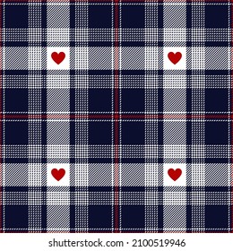 Valentines Day check plaid pattern with cute romantic hearts in navy blue, red, white. Seamless tartan for flannel shirt, blanket, duvet cover, other modern spring summer autumn winter textile design.