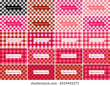 Valentines day checkered pattern background with pixel art hearts and cursive type typography of Happy Valentines Day text. Outline, Vector illustration, in black and white, red, hot pink, pastel