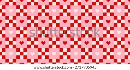 Valentine's Day Checkered Seamless Patter with Hearts. Repeating print for wrapping paper and textile. Romantic pink and red background. Chessboard backdrop texture. Vector illustration