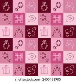 Valentine's day checkered seamless pattern with icons for wallpaper,  stationary, wrapping paper, textile prints, packaging, etc.