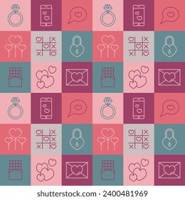 Valentine's day checkered seamless pattern with icons for wallpaper,  stationary, wrapping paper, textile prints, packaging, etc.