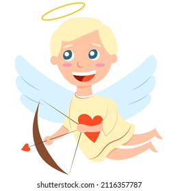 Valentine's Day. Cheerful baby boy cupid angel archer. Pastel blue wings. White skin. Blond hair. Yellow shirt with red heart. Cartoon style. Cute and funny. For greeting card or poster design