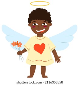 Valentine's Day. Cheerful baby boy cupid angel holding red flowers. Pastel blue wings. Black skin. Brown curly hair. Yellow shirt. Cartoon style. Cute and funny. For greeting card or poster design