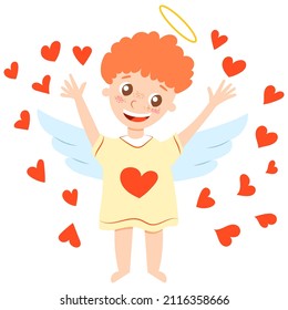 Valentine's Day. Cheerful baby boy cupid angel. Waving hands among red hearts. Pastel blue wings. White skin. Orange curly hair. Yellow shirt. Cartoon style. Cute and funny. For greeting card, poster