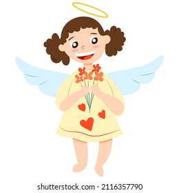 Valentine's Day. Cheerful baby girl cupid angel holding red flowers. Pastel blue wings. White skin. Brown curly hair. Yellow dress. Cartoon style. Cute and funny. For greeting card or poster design