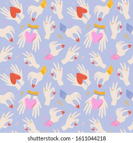 Valentines Day cheerful seamless pattern. Lovely romantic illustration with cute and character elements in scandinavian style. Vector. Good fabric design, textile, scrapbooking, wrapping paper