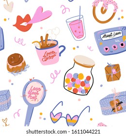 Valentines Day cheerful seamless pattern. Lovely romantic illustration with cute and character elements in scandinavian style. Vector. Good fabric design, textile, scrapbooking, wrapping paper