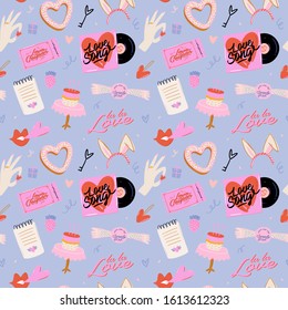 Valentines Day cheerful seamless pattern. Lovely romantic illustration with cute and character elements in scandinavian style. Vector. Good fabric design, textile, scrapbooking, wrapping paper