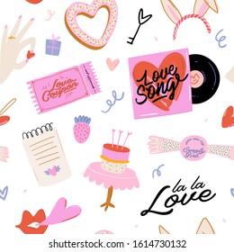 Valentines Day cheerful seamless pattern. Lovely romantic illustration with cute and character elements in scandinavian style. Vector. Good fabric design, textile, scrapbooking, wrapping paper